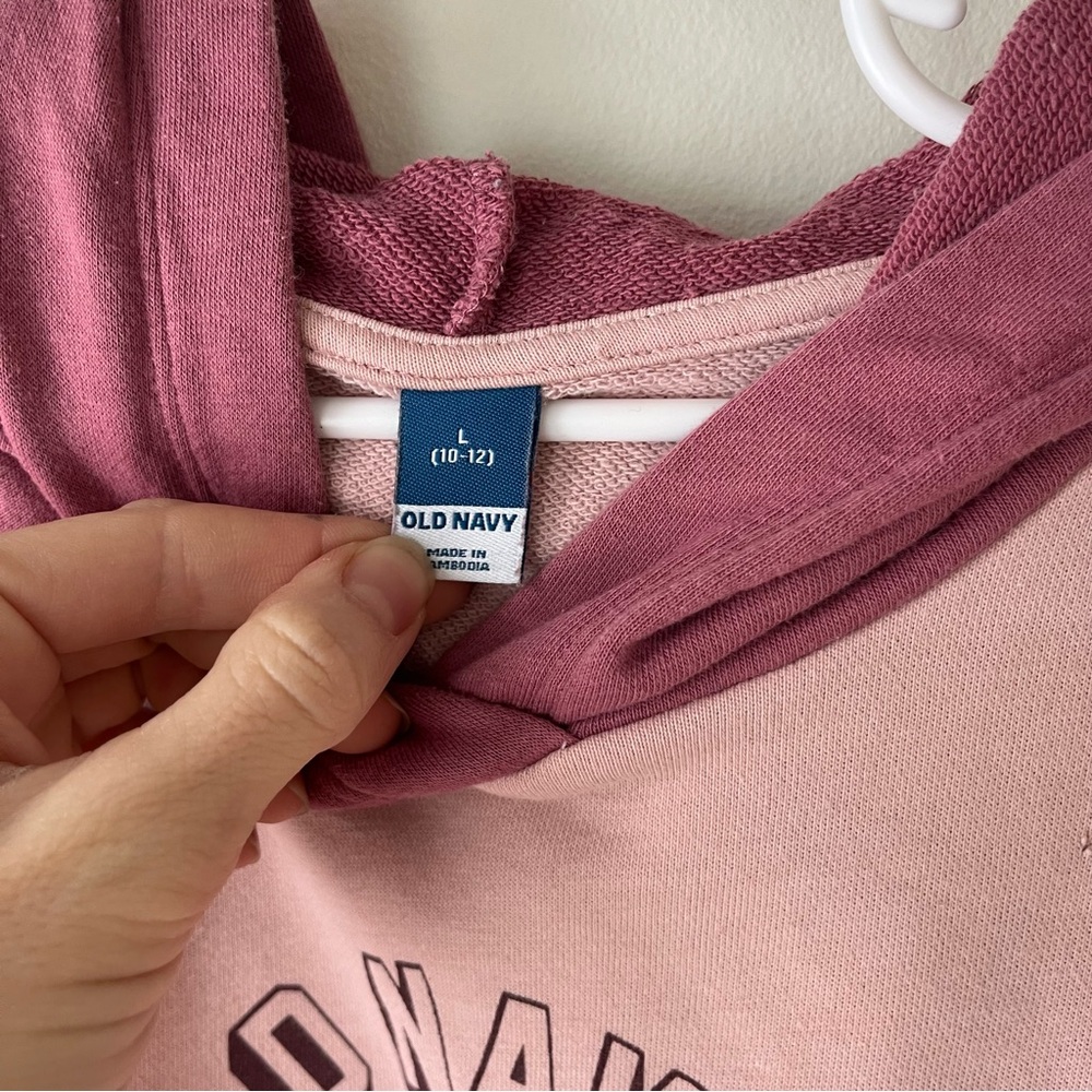 🌼 5/$25 Old Navy Pink Colorblock Bear Hoodie Kids L 10–12 Pullover Sweatshirt - Picture 4 of 11